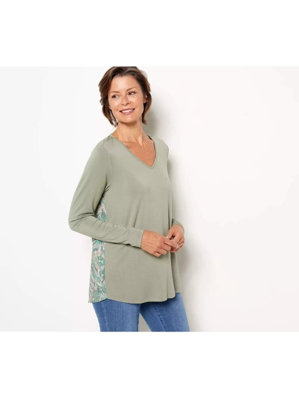 Belle by Kim Gravel Top Size XXS Mixed Media Print Green Tea Rayon Blend NEW